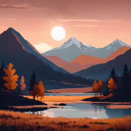 a painting of trees and mountains in front of a lake,a painting depicting a river and a mountain scene