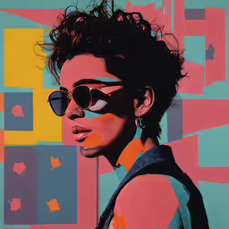 a close up of a person with a bright shirt and glasses,a painting of a young woman in sunglasses