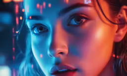 a woman with blue eyes looking at her image