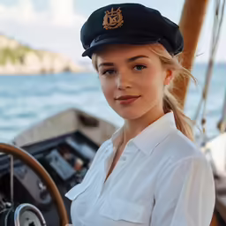 young female sailor in uniform on deck of large boat