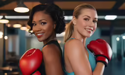 two beautiful women posing for a photo wearing boxing gloves