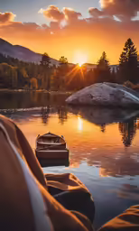 a boat floats in the water while the sun is setting