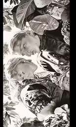 three young people stand with their heads together in a group