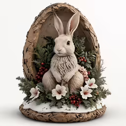 the figurine is holding flowers, berries and a rabbit