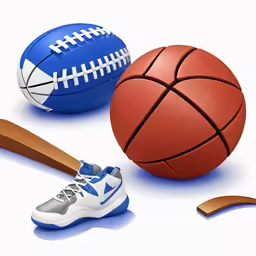three sports balls, a baseball, and a bat
