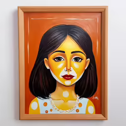 a painting of a girl with yellow, orange, and white polka dots