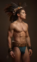 a man in an indian headdress posing for a picture