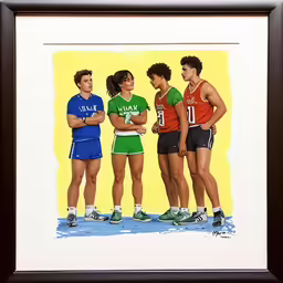 a group of three young men are in an art exhibit