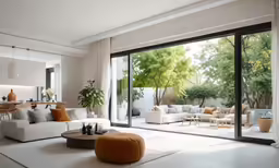 a large white living room with lots of furniture