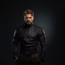 the character john fassy from the expanse,a man in black leather jacket standing against a dark background