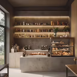 a large window is open above a bakery with pastries in a display area