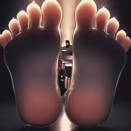 a reflection of someones foot with the lights glowing behind it