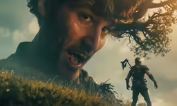 a man with his head down on grass and a person in the background with an axe in the mouth