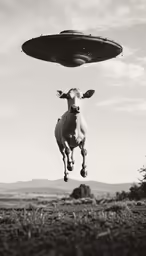 a cow flying with an alien above its head
