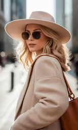 a beautiful blonde lady with a big tan hat