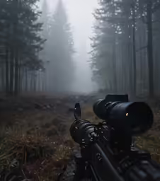 the camera is on a tripod in front of a foggy forest