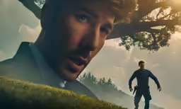 the avengers character looks surprised in front of a tree