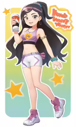 anime character with long hair and wearing a purple top, shorts and sneakers