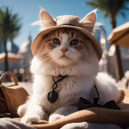 a cat sitting in the sand with its hat on