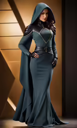 a woman dressed in a dark blue cout suit with a hoodie and cape