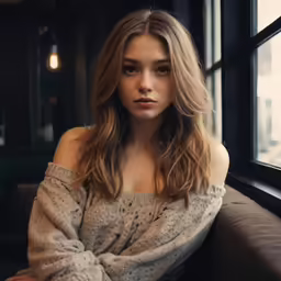 a woman that is leaning on a couch