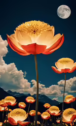a view of a large flower with the moon in the background