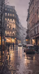 people walking down a rainy street with lots of buildings