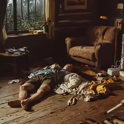 a man lies on the ground in an old house