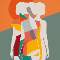 a painting with a person standing in front of an orange and green sunset