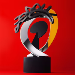 a black and silver sculpture is on a red surface
