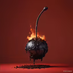a flamingo is engulfed in fire and surrounded by gravel