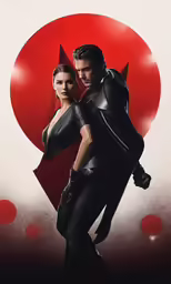 a poster of a man in a leather suit and woman