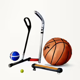 a tennis ball, basketball and other sports equipment are depicted