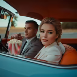 a man and woman are in a car with popcorn