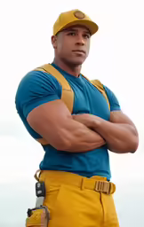 a man in blue shirt and yellow pants