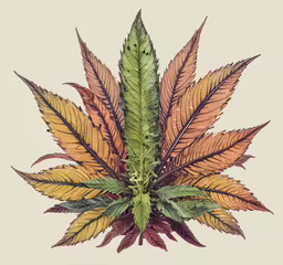 a close up of a green leaf with red, brown and orange foliage,an old photo of leaves with different colors
