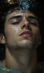 a young man with his eyes closed while being shaved