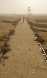 a long train track leading to a man walking on it