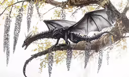 a black dragon sitting on top of a tree branch