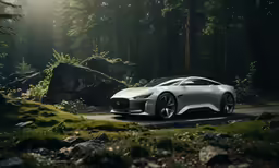 a silver sports car driving through the forest
