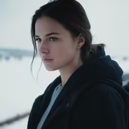 a woman in the snow looking at something