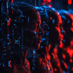 many silhouettes are standing around a futuristic clock