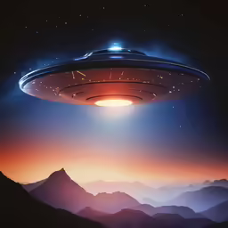 a stylized picture of an alien spaceship flying over mountains