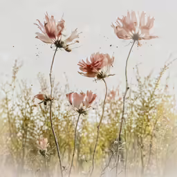 a group of pink flowers that are next to each other
