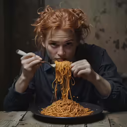 a woman is eating noodles with chopsticks while looking at the camera