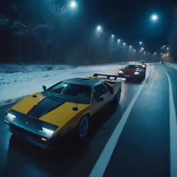 a car driving on the road next to another one in a snowy area