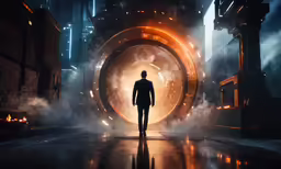 a man is walking toward a huge tunnel