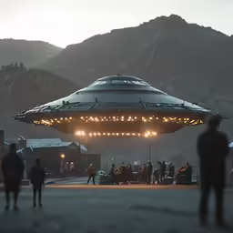 a group of people standing around a giant flying object