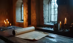 an old book is sitting on a wooden table in a dark room