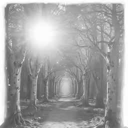 sunlightbeam on a path of trees in a black and white landscape